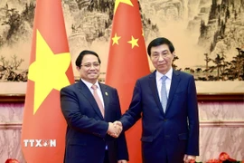 Thủ tướng Phạm Minh Chính hội kiến Chủ tịch Chính hiệp toàn quốc Trung Quốc Vương Hộ Ninh. (Ảnh: Dương Giang/TTXVN)