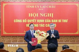 Ông Nguyễn Quang Dương, Phó Trưởng Ban Tổ chức Trung ương trao Quyết định cho ông Hà Quang Trung. (Ảnh: Nguyễn Oanh/TTXVN)