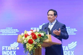 Thủ tướng Phạm Minh Chính phát biểu tại Lễ công bố Bộ chỉ số đánh giá kết quả thực hiện các hiệp định thương mại tự do (FTA INDEX) của các địa phương năm 2024. (Ảnh: Dương Giang/TTXVN)