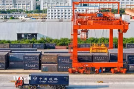 Hàng hóa được tập kết tại Cảng đường sắt quốc tế Nam Ninh Quảng Tây trước khi chuyển tiếp đến Việt Nam qua tàu liên vận Việt-Trung. (Ảnh: Công Tuyên/TTXVN)