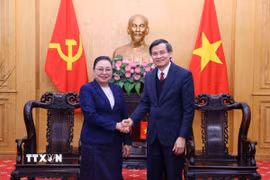 Đồng chí Đoàn Minh Huấn, Ủy viên Bộ Chính trị, Giám đốc Học viện Chính trị quốc gia Hồ Chí Minh tiếp đồng chí Khamphao Ernthavanh, Đại sứ Lào tại Việt Nam. (Ảnh: Văn Điệp/TTXVN)