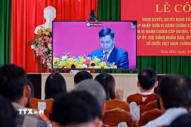 Cán bộ và nhân dân xã đảo Tam Hải theo dõi lễ công bố Nghị quyết của Ủy ban Thường vụ Quốc hội về sáp nhập đơn vị được truyền hình trực tiếp. (Ảnh: Đoàn Hữu Trung/TTXVN)