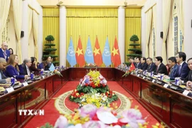 Chủ tịch nước Lương Cường hội đàm với Tổng Thư ký Liên hợp quốc António Guterres. (Ảnh: Lâm Khánh/TTXVN)