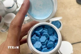 Đối tượng Nguyễn Tiến Đạt đã giấu số lượng ma túy là các viên nén màu xanh bên trong 26 hộp nhựa hình trụ tròn màu trắng bên ngoài dán nhãn có ghi chữ "altapharma." (Ảnh: TTXVN phát)