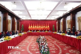Tổng Bí thư Tô Lâm tiếp các Trưởng đoàn chính đảng các nước dự Lễ kỷ niệm 50 năm Ngày Giải phóng miền Nam, thống nhất đất nước. (Ảnh: Thống Nhất/TTXVN)