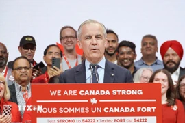 Thủ tướng Canada Mark Carney phát biểu tại Ottawa sau khi đảng Tự do của ông giành chiến thắng trong cuộc tổng tuyển cử, ngày 29/4/2025. (Ảnh: Kyodo/TTXVN)