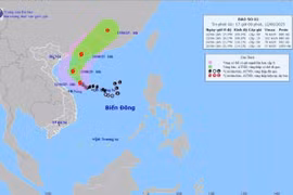 Hướng di chuyển của bão số 1 lúc 16h ngày 12/6/2025. (Ảnh: TTXVN phát)