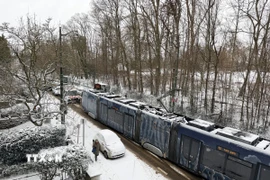 Một tuyến tàu điện ở Brussels bị đình trệ do băng tuyết hôm 7/1. (Ảnh: Hương Giang/TTXVN)