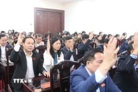 Các đại biểu biểu quyết thông qua Nghị quyết tại kỳ họp Hội đồng Nhân dân tỉnh Thái Bình khóa XVII, nhiệm kỳ 2021-2026. (Ảnh: Vũ Quang/TTXVN)