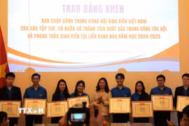 Phó Bí thư Đảng ủy tại Liên bang Nga Ngô Thị Thu Hoài trao Bằng khen cho các tập thể, cá nhân có thành tích xuất sắc trong công tác Đoàn. (Ảnh: Trần Hải/TTXVN)