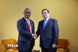Thủ tướng Phạm Minh Chính gặp Thủ tướng Quần đảo Solomon Jeremiah Manele. (Ảnh: Dương Giang/TTXVN)