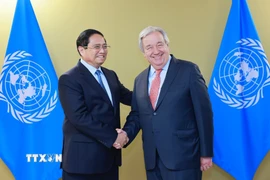 Thủ tướng Phạm Minh Chính hội kiến Tổng Thư ký Liên hợp quốc Antonio Guterres. (Ảnh: Dương Giang/TTXVN)