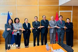Đại sứ Lê Thái Hòa (thứ 2 phải sang) chụp ảnh lưu niệm cùng thành viên 8 nước Asean. (Ảnh: TTXVN phát)