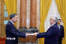 Tổng Bí thư, Chủ tịch nước Tô Lâm nhận Quốc thư từ Đại sứ Bồ Đào Nha Joaquim Alberto De Sousa Moreira De Lemos. (Ảnh: Thống Nhất/TTXVN)