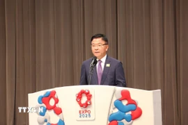 Phó Thủ tướng Chính phủ Lê Thành Long phát biểu khai mạc Ngày Quốc gia Việt Nam tại Triển lãm Thế giới EXPO 2025 Osaka Kansai. (Ảnh: Phạm Tuân/TTXVN)