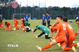 Đội tuyển Việt Nam tại buổi tập đầu tiên tại Trung tâm huấn luyện Sime Darby, bang Selangor-Malaysia. (Ảnh: Hằng Linh/TTXVN)