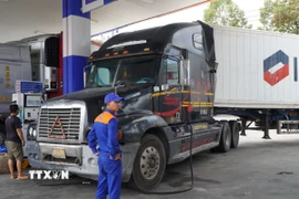 Cửa hàng xăng dầu Petrolimex số 111 (xã Mỹ Thọ, tỉnh Đồng Tháp) cung cấp nhiên liệu cho xe container. (Ảnh: Nhựt An/TTXVN)