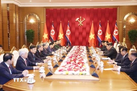 Tổng Bí thư Tô Lâm hội đàm với Tổng Bí thư, Chủ tịch Quốc vụ CHDCND Triều Tiên Kim Jong Un. (Ảnh: Thống Nhất/TTXVN)