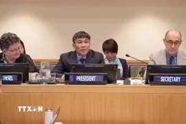 Thứ trưởng thường trực Bộ Ngoại giao Nguyễn Minh Vũ (giữa) điều hành hội nghị trên cương vị Chủ tịch. (Ảnh: Thanh Tuấn/TTXVN)
