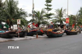 Người dân phường Sầm Sơn, tỉnh Thanh Hóa di chuyển tàu thuyền lên bờ tránh bão. (Ảnh: Nguyễn Nam/TTXVN)