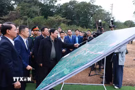 Thủ tướng Phạm Minh Chính khảo sát dự án Khu du lịch nghỉ dưỡng sinh thái Tam Đảo 2 tại thị trấn Đại Đình, huyện Tam Đảo. (Ảnh: Dương Giang/TTXVN)