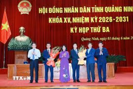 Ông Nguyễn Hồng Dương (thứ 2, từ trái sang) được bầu giữ chức Phó Chủ tịch HĐND tỉnh. (Ảnh: Văn Đức/TTXVN)