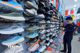 Lực lượng chức năng kiểm tra sản phẩm giầy tại cửa hàng. (Ảnh minh họa: Trần Việt/TTXVN)