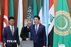 Chủ tịch nước Lương Cường dự và phát biểu chính sách tại Trụ sở Liên đoàn Arab ở thủ đô Cairo, Ai Cập. (Ảnh: Lâm Khánh/TTXVN)