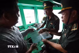 Lực lượng Bộ đội Biên phòng tuyên truyền, vận động ngư dân khai thác thuỷ sản đúng quy định của pháp luật ở cảng cá Quy Nhơn. (Ảnh: Vũ Sinh/TTXVN)