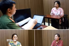 Các đối tượng Phạm Tuyết Lê (trên), Vũ Thị Chuyền (trái) và Kiều Thị Thúy Hường (phải) tại Cơ quan Công an. (Ảnh: TTXVN phát)