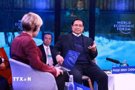 Thủ tướng Chính phủ Phạm Minh Chính đối thoại với WEF về Tầm nhìn của Việt Nam về đổi mới sáng tạo và vai trò toàn cầu. (Ảnh: Dương Giang/TTXVN)