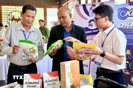 Các đại biểu tham quan khu trưng bày sản phẩm tiêu biểu của doanh nghiệp Việt Nam bên lề hội nghị. (Ảnh: Thanh Sang/TTXVN)