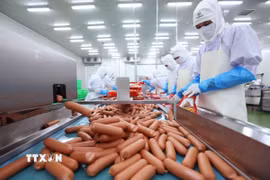 Dây chuyền đóng gói sản phẩm xúc xích tại nhà máy chế biến thực phẩm C.P Hà Nội (Công ty Cổ phần Chăn nuôi C.P Việt Nam). (Ảnh: Vũ Sinh/TTXVN)
