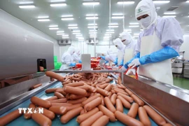 Dây chuyền đóng gói sản phẩm xúc xích tại nhà máy chế biến thực phẩm C.P Hà Nội (Công ty Cổ phần Chăn nuôi C.P Việt Nam). (Ảnh: Vũ Sinh/TTXVN)