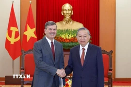 Tổng Bí thư Tô Lâm tiếp Giám đốc Học viện Tổng thống Liên bang Nga Aleksey Komissarov. (Ảnh: Thống Nhất/TTXVN)