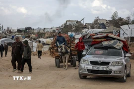 Người dân Palestine đi sơ tán tránh xung đột tại Beit Lahia, Dải Gaza. (Ảnh: THX/TTXVN)