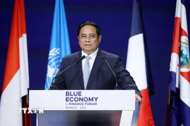 Thủ tướng Phạm Minh Chính phát biểu tại Diễn đàn Tài chính và Kinh tế Xanh của Hội nghị Đại dương Liên hợp quốc lần thứ ba (UNOC 3). (Ảnh: Dương Giang/TTXVN)