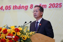 Ủy viên Trung ương Đảng, Bí thư Thành ủy, Trưởng Đoàn đại biểu Quốc hội thành phố Đà Nẵng Nguyễn Văn Quảng phát biểu tại Đại hội. (Ảnh: Quốc Dũng/TTXVN)