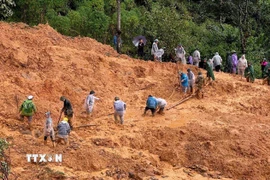 Chính quyền địa phương cùng lực lượng chức năng và người dân khẩn trương tìm kiếm người mất tích. (Ảnh: TTXVN phát)