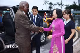 Phó Chủ tịch Quốc hội Nguyễn Thị Thanh đón Chủ tịch Quốc hội Cuba Esteban Lazo Hernández tại sân bay quốc tế Nội Bài. (Ảnh: Minh Đức/TTXVN)