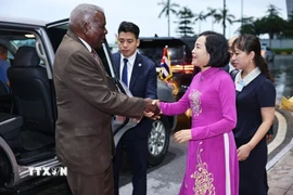 Phó Chủ tịch Quốc hội Nguyễn Thị Thanh đón Chủ tịch Quốc hội Cuba Esteban Lazo Hernández tại sân bay quốc tế Nội Bài. (Ảnh: Minh Đức/TTXVN)