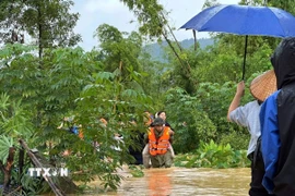 Lực lượng chức năng tích cực cứu hộ 270 em học sinh bị mắc kẹt trong trường Phổ thông Dân tộc Nội trú Na Rì. (Ảnh: TTXVN phát)