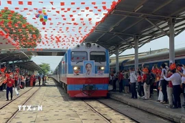 Đón "Đoàn tàu Thống Nhất" SE4 đến Đà Nẵng trong ngày Đại lễ 30/4. (Ảnh: Trần Lê Lâm/TTXVN)