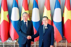 Tổng Bí thư Tô Lâm hội kiến Chủ tịch Quốc hội Lào Saysomphone Phomvihane. (Ảnh: Thống Nhất/TTXVN)