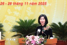 Chủ tịch Hội đồng nhân dân thành phố Hà Nội Phùng Thị Hồng Hà phát biểu. (Ảnh: Minh Đức/TTXVN)