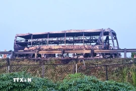 Hiện trường chiếc xe khách bị cháy trên cao tốc Thành phố Hồ Chí Minh-Trung Lương. (Ảnh: Minh Phú/TTXVN)