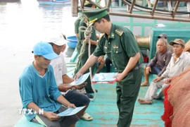 Tuyên truyền chống khai thác IUU lưu động ngay trên tàu cá, bến cảng mang lại hiệu quả trong nhận thức của từng ngư dân. (Ảnh: Hồng Hiếu/TTXVN)