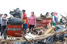 Rác thải ở bãi biển Nha Trang được người dân Khánh Hòa và công nhân vệ sinh môi trường đô thành phố Hồ Chí Minh thu gom. (Ảnh: Phan Sáu/TTXVN)