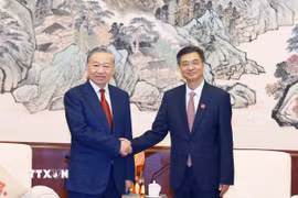 Tổng Bí thư, Chủ tịch nước Tô Lâm hội kiến đồng chí Trần Cương, Ủy viên Trung ương Đảng, Bí thư khu ủy Khu tự trị dân tộc Choang Quảng Tây. (Ảnh: Thống Nhất/TTXVN)