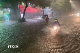 Nhiều đoạn đường ngập sâu do mưa lớn. (Ảnh: An Đăng/TTXVN)